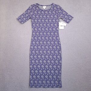 LuLaRoe Julia Dress XXS Blue Geometric Starburst Sheath Short Sleeve Midi NWT‎